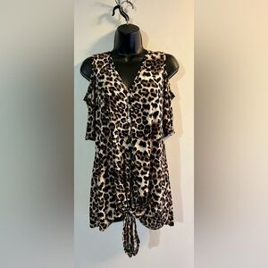 Lilypad leopard cold shoulder short sleeve blouse.